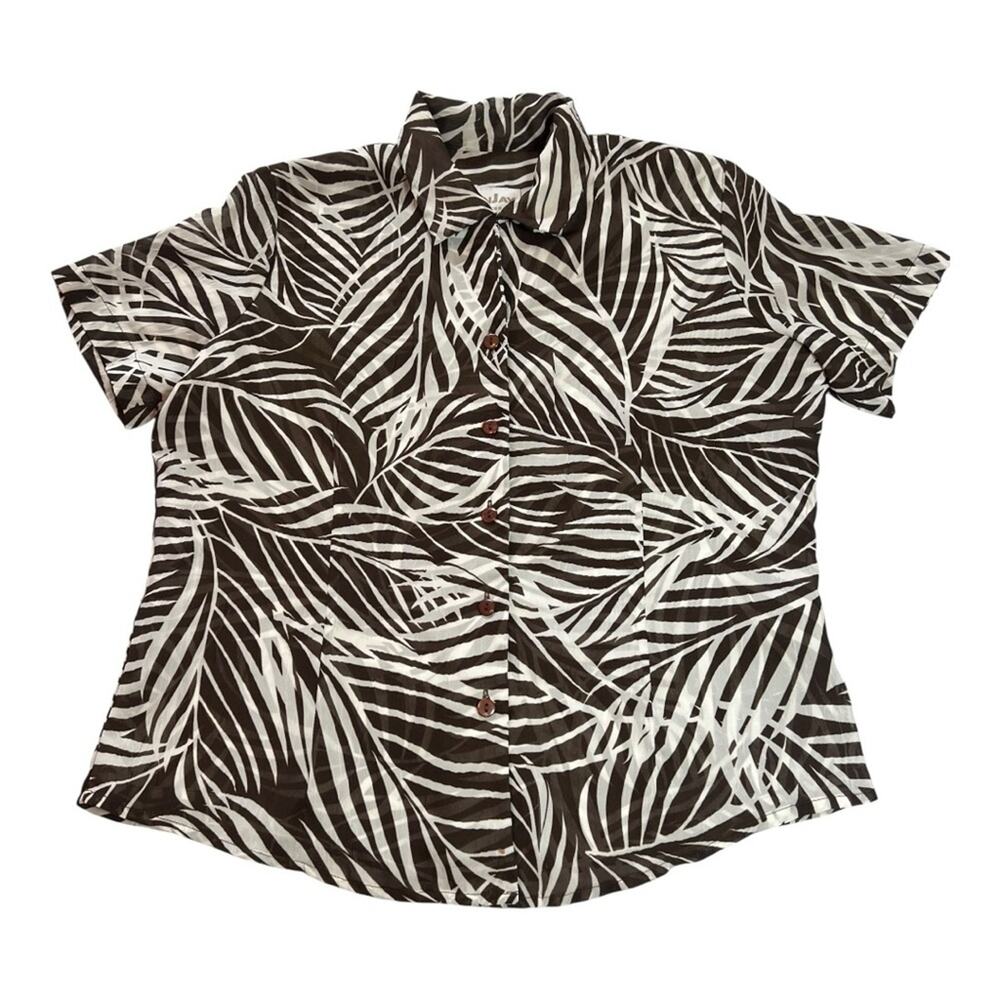 90s TANJAY Sheer Palm Print Button-Up Shirt | 6 | Brown White  | Retro Resort - Picture 2 of 10